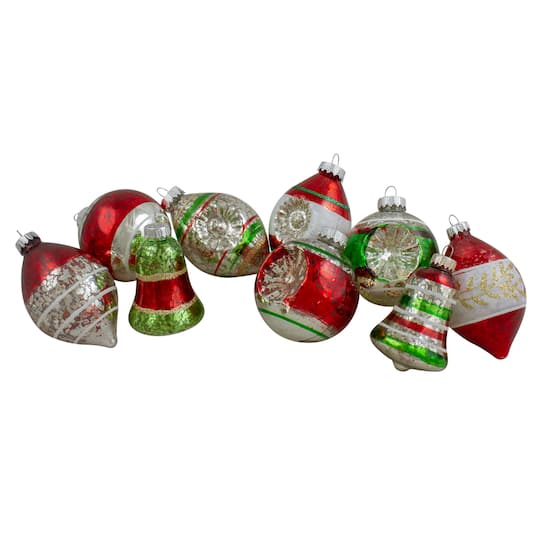 9ct. 3.25&#x22; 2-Finish Silver, Red &#x26; Green Glass Ornaments